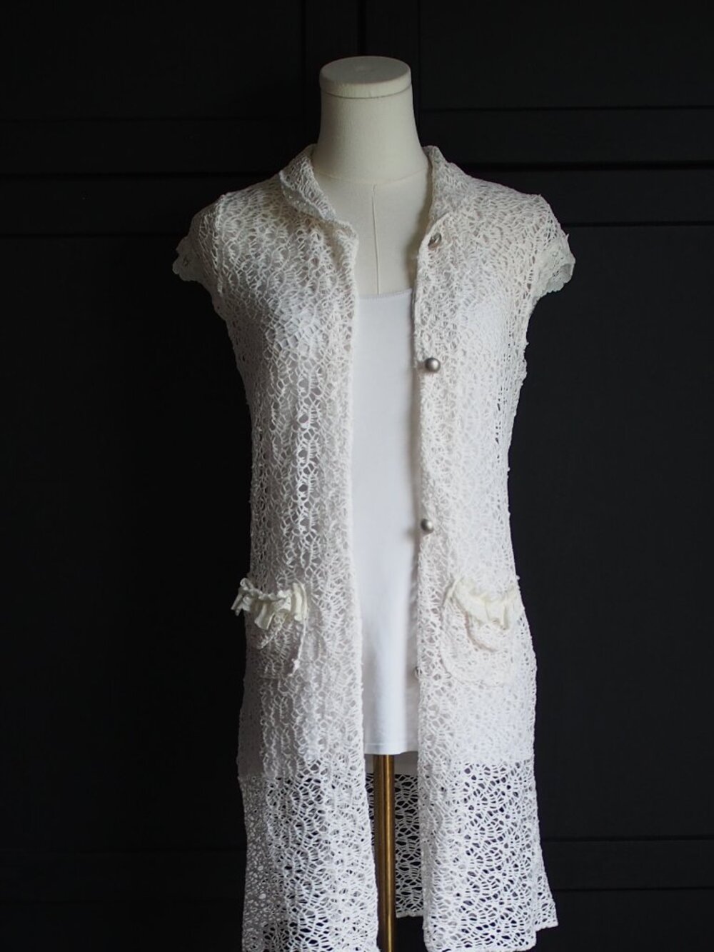 Vintage 1990s White Knitted Bohemian Long Vest Duster & Beach Cover-Up